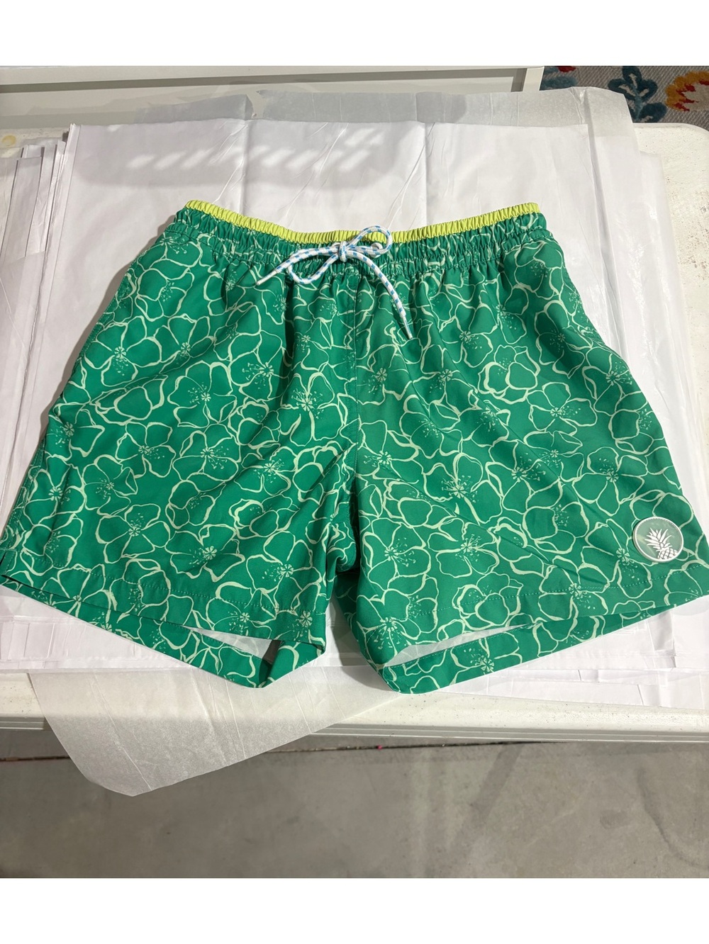 chubbies Neon Lime Swim Shorts with Blue Label